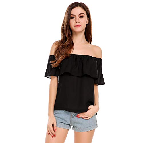 Book Cover FineFolk Women's Off Shoulder Pleated Solid Casual Blouse Loose Tops Black