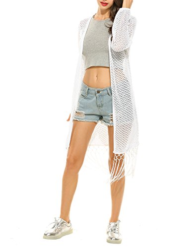 Book Cover FineFolk Women's Casual Blouse Long Sleeve Hollow Out Cotton Cardigan Tassel Beach Wear Cover Up