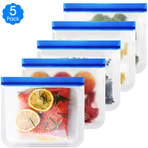 Book Cover 5 pack Reusable food Storage Bags - Reusable Sandwich Bags FDA Grade Freezer Ziplock Lunch Bags for Food Marinate Meat Fruit Cereal