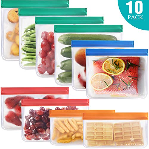 Book Cover GLAMFIELDS 10 pack Reusable food Storage Bags - 6 pack Reusable Snack Bags 4 pack Reusable Sandwich Bags Freezer Ziplock Lunch Bags for Food Marinate Meat Fruit Cereal