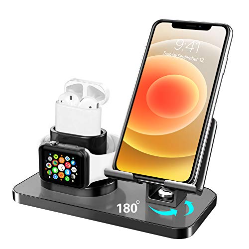 Book Cover BENTOBEN 3 in 1 Charging Stand for Apple Watch Series 5/4/3/2/1, Airpods 2/1, Compatible with iPhone 12 Pro 2020 11 SE2 XS MAX XR XS 8 7 6 6s Plus 5s, iPad Tablet Stand(Original Cables Required),Black