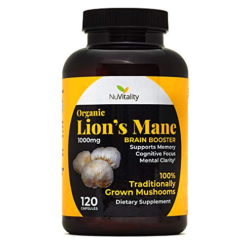 NuVitality Organic Lions Mane Mushroom Capsules - High-Dose 1000mg Lion's Mane (Hericium Erinaceus) & BioPerine Absorption Enhancer - Natural Brain Supplement & Nootropic, Mood Booster - 120 Count