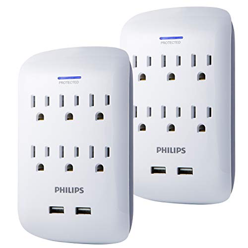 Book Cover PHILIPS 6-Outlet Extender with 2-USB Port Surge Protector, 2 Pack, Charging Station, 900 Joules, Grounded Power Adapter, Indicator Light, 3-Prong, 2.4 AMP/12 Watt, ETL Listed, White, SPP6266WB/37