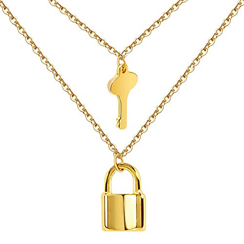 UALGL Stainless Steel Lock Key Pendant Necklace Adjustable Initial Long Chain Punk Multilayer Choker Necklace for Women Girls