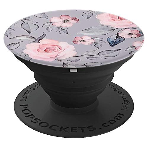 Book Cover Pink Flowers Purple Floral and Gray Leaves Pattern PopSockets Grip and Stand for Phones and Tablets