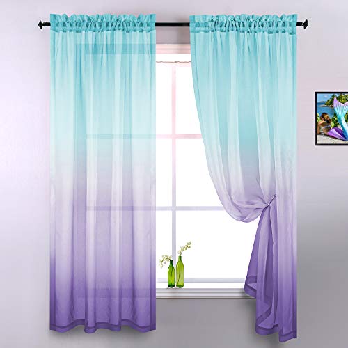 Book Cover Lilac and Turquoise Curtains for Bedroom Girls Room Decor Set of 2 Panels Ombre Patterned Window Semi Sheer Curtains for Living Room Kids Nursery Mermaid Themed Green and Purple 52 x 84 Inch Length