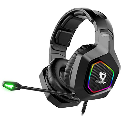 Soulion Tracer 30 PC Gaming Headset, Virtual 7.1 Stereo Surround Sound Headphones with Noise Cancelling Microphone, RGB Lights, USB Plug for Laptops Computers