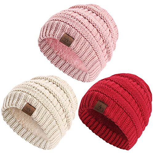Book Cover Anazalea Soft Warm Knitted Baby Beanie Hats Caps Cute Cozy Winter Infant Toddler Baby Beanies for Boys Girls (Pink & Red & Beige)
