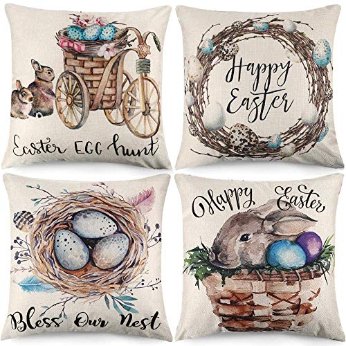Book Cover CDWERD Easter Throw Pillow Cover 18 x 18 Inches Easter Decoration Rabbit Bunny with Eggs Farmhouse Linen Cushion Case Spring Decor for Sofa Couch Car Set of 4