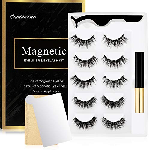 isinlive Magnetic Eyelashes With Eyeliner Upgraded 3D Magnetic Eyeliner Eyelashes Kit With Mirror and Tweezers Inside, Reusable and No Glue Needed (5 Pairs)