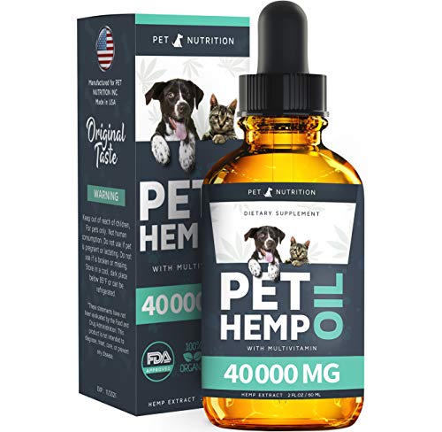 Pet Nutrition - Hemp Oil Dogs Cats - 40 000 MG - Anxiety, Pain, Stress, Arthritis, Seizures Relief - Better Sleep - Grown & Made in USA - Omega 3, 6, 9 & Vitamin E