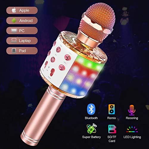 Wireless Bluetooth Karaoke Microphone with Multi-color LED lights, Tesoky 4 in 1 Portable Handheld Karaoke Machine Mic Hi-Fi Microphone Speaker System for Kids Adults, for Android/iPhone/PC