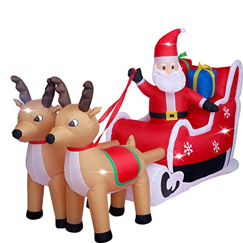 Book Cover ShinyDec Christmas Inflatable 5ft. Santa Claus on Sleigh with Two Reindeer Large Outdoor Yard Decorations for Xmas, Brown
