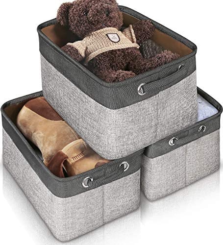 Book Cover Storage Basket Bin Set [3-Pack], JOMARTO Large Cube Storage Box Linen Fabric Built-in Soft Lining Foldable Organizer with Handles for Home Office Closet Toys Clothes Kids Room Nursery