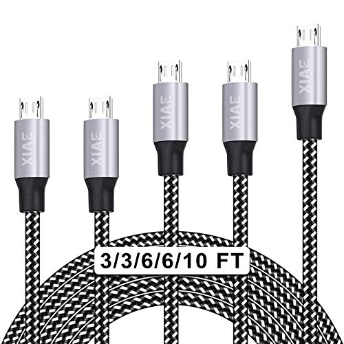 Book Cover Micro USB Cable,XIAE 5Pack (3/3/6/6/10FT) Nylon Braided Fast Charging Cable Aluminum Housing USB Charger Android Cable for Samsung Galaxy S7 Edge S6 S5,Android Phone,LG G4,HTC and More-Black&White