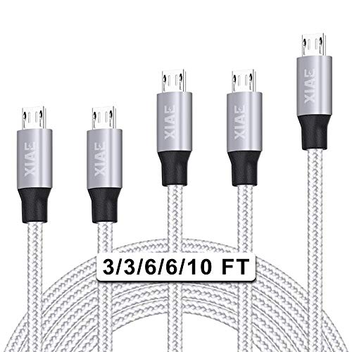 Book Cover Micro USB Cable,XIAE 5Pack (3/3/6/6/10FT) Nylon Braided Fast Charging Cable Aluminum Housing USB Charger Android Cable for Samsung Galaxy S7 Edge S6 S5,Android Phone,LG G4,HTC and More-Silver&Gray