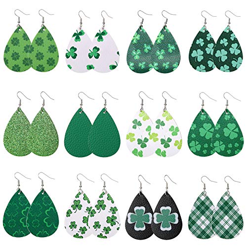 MTSCE 12 Pairs Clover Leather Earrings for Women Girls Gift, Saint Patrick's Day Green Drop Earrings Set, Lightweight Teardrop Faux Leather Earrings