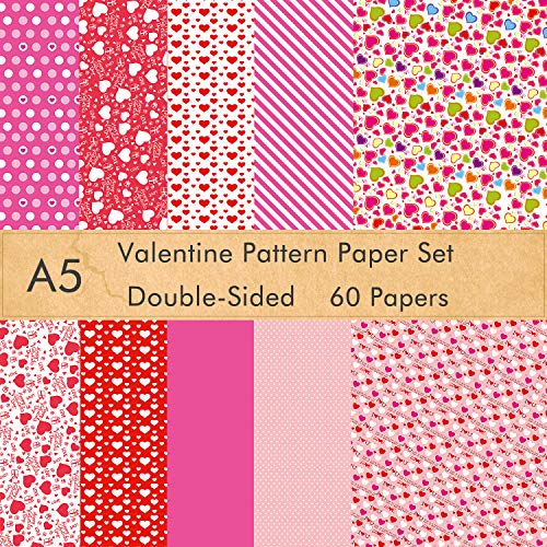 Book Cover FEPITO 60 Sheets Valentine Pattern Paper Set, 14 x 21cm Decorative Paper for Card Making Scrapbook Decoration Valentine's Day Supplies,10 Designs