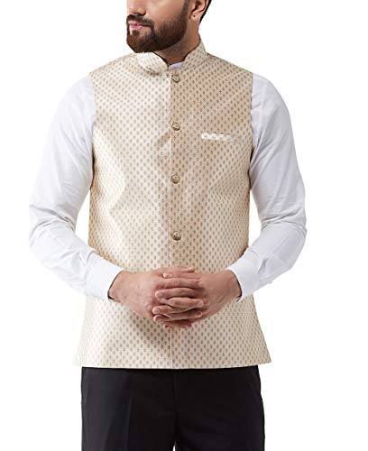 Sojanya (Since 1958 Men'S Silk Blend Beige & Gold Self Design Nehru Jacket, Size 44