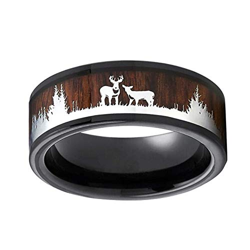 Book Cover GzxtLTX Christmas Ring,Deer Rings,Wood Inlay Deer Stag Ring,8mm Mens Wedding Band, Tungsten Silicone Set Ring,Lovers Ring (Brown, 12)