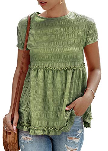 BTFBM Women Round Neck Loose Fit Shirts Short Sleeve Pleated Babydoll Peplum Ruffle Hem Casual Plain Tops Blouse Tunic