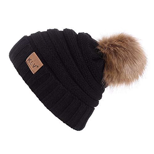 UONQD Women Knit Wool Beanie with Fur Pom Poms Unisex Ski Cap Outdoor Thick Knit Hat Caps Skull for Teen Girls Juniors Black
