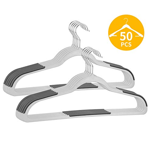 FSUTEG Hangers ，Plastic Hangers 50 Pack Dry Wet Clothes Hangers with Non-Slip Pads with Heavy Duty 360 Swivel Hanger Hook 0.2" Thickness - Space Saving Gray