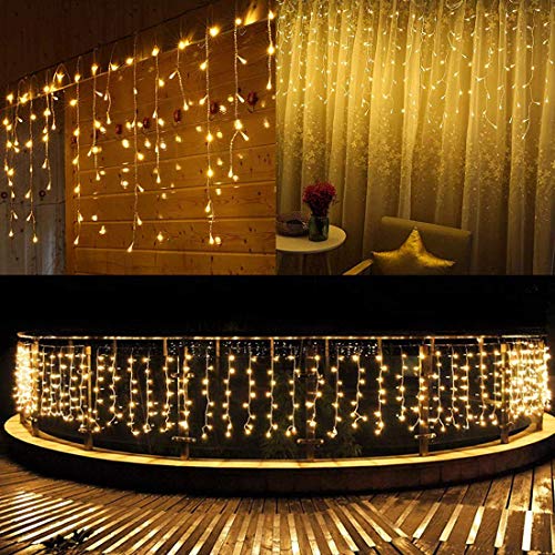 SUPSOO LED Solar Icicle String Lights,20Ft 264 LEDs Waterproof Extendable Curtain Icicle Lights Fairy String Lights Christmas Lights for Bedroom Patio Yard Garden Wedding Party (Warm White)