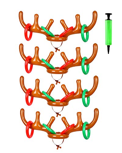 4 Set (4 Antlers + 16 Rings + 1 Pump) Inflatable Santa Funny Reindeer Antler Hat Ring Toss for Christmas Holiday - Outdoor Indoor Xmas Party Game Supplies