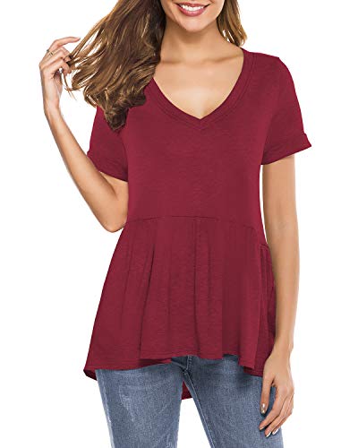 THANTH Womens Tops Short Sleeve Shirts V Neck Peplum Babydoll Tops Casual Loose Fit Tunic Blouses