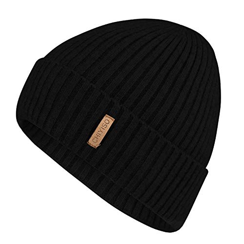 Tina Maud Warm Winter Knit Hat Wool Cuffed Beanie Hats with Lining Skull Cap for Men and Women Unisex (Black)