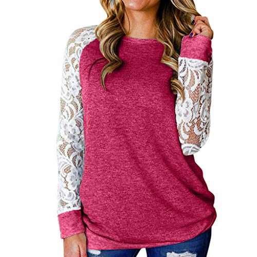 Hunauoo Womens Tops Lace Floral Splicing Long Sleeve Blouse Casual Pullover Shirts
