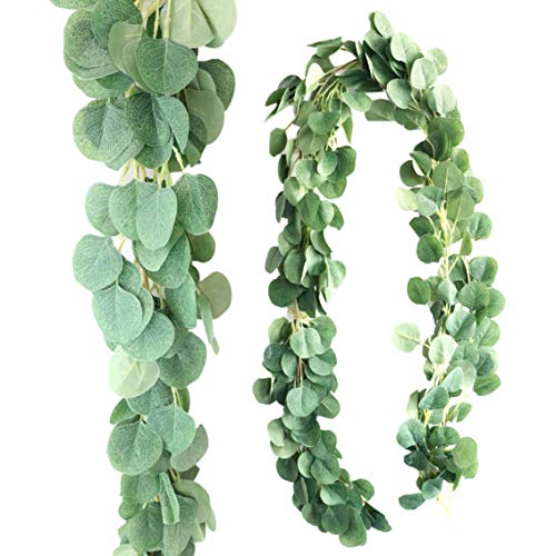Book Cover HADICO 2 Pack Eucalyptus Garland - Wedding Greenery Backdrop Arch Wall Decor - 6 Feet Realistic Shape Fake Silk Leaves Vines Mantle Decoration for Living Room, Home, Office & Outdoor