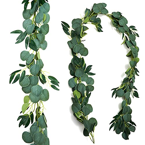 HADICO 2 Pack Eucalyptus Garland - Wedding Greenery Backdrop Arch Wall Decor - 6 Feet Realistic Shape Fake Silk Leaves Vines Mantle Decoration for Living Room, Home, Office & Outdoor