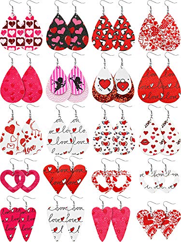20 Pairs Valentine's Day Faux Leather Earrings Set Heart Pattern Teardrop Dangle