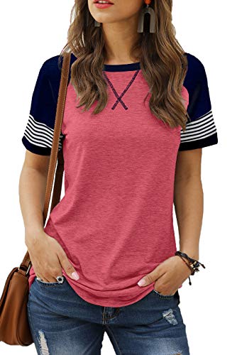 Sieanear Womens T Shirts Short Sleeve Striped Color Block Leopard Casual Tops