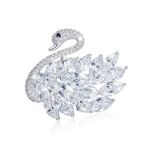 Swan Brooch with White Round and Rectangular Cubic Zirconia Suitable for Wedding Evening Dress Best Present for Womens