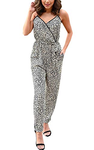 Angashion Womenâ€™s Jumpsuits Casual Spaghetti Strap V Neck Leopard Print High Waist Long Romper with Pockets
