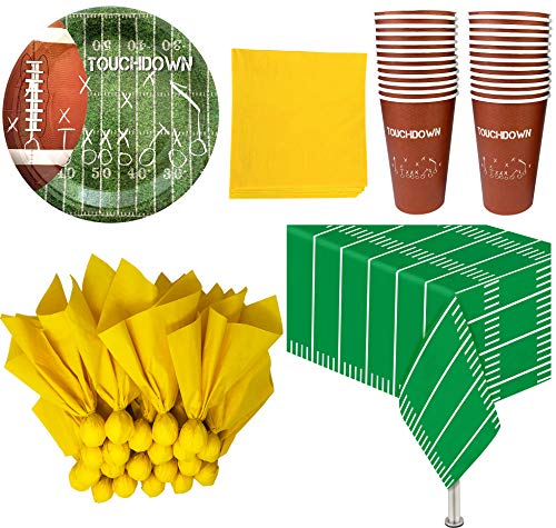 Book Cover Football Themed Party Supplies and Decorations - 24 Party Cups, 24 Paper Dinner Plates, 24 Penalty Flag Paper Napkins, 24 Yellow Paper Napkins, 1 Plastic Tablecloth