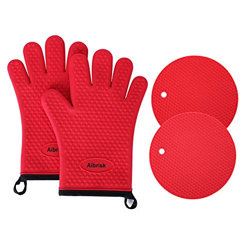 Aibrisk Silicone Oven Mitts and Pot Holders,4PCS Thicken Heat Resistant Flexible Non-Slip Surface Cooking Gloves and Potholders Trivet Mats for Safe Oven BBQ Kitchen Counter Hot Dishes or Pansï¼ˆRedï¼‰