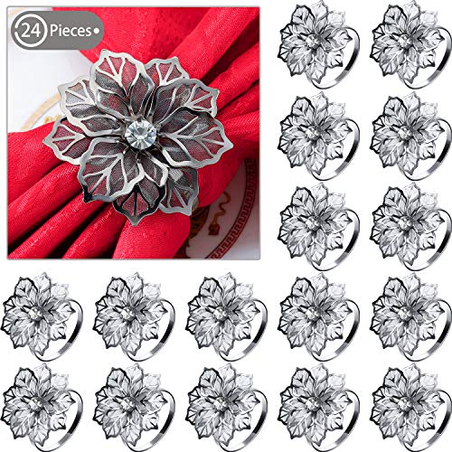 Book Cover 24 Pieces Napkin Rings Alloy Napkin Rings with Hollow Out Flower Napkin Holder Adornment Exquisite Household Napkins Rings Set Floral Rhinestone Napkin Rings for Wedding Decor (Black)