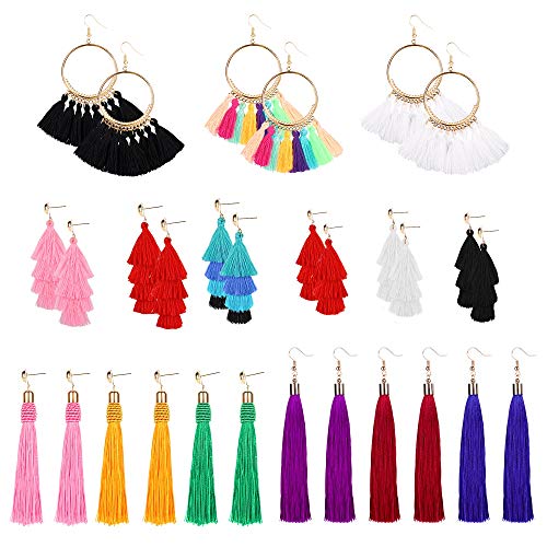 Tassel Earrings for Women - 15 Pack Colorful Bohemian Layered Fringe Earrings Set, Hoop Tiered Thread Long Layered Ball Dangle Drop Tassle Earrings Fashion Jewelry for Valentine Birthday Party Gift