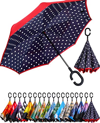 BAGAIL Double Layer Inverted Umbrella Reverse Folding Umbrellas Windproof UV Protection Big Straight Umbrella for Car Rain Outdoor with C-Shaped Handle