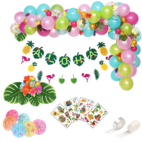 Leyzan Hawaiian Party Decorations, Premium Luau Party Supplies, Aloha/Flamingo Pineapple Banner, Leaves, Hibiscus Flowers, Balloon Garland, Cocktail Umbrellas, Tattoos for Tropical Birthday Party