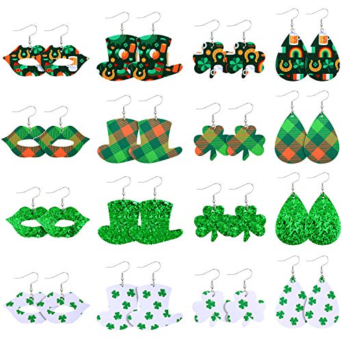 16 Pairs St. Patrick's Day Leather Earrings Irish Shamrock Dangle Earrings Green Good Luck Clover Earrings