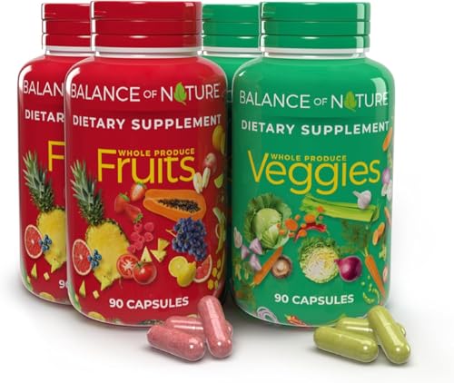 Balance of Nature Fruits & Veggies Supplements - Whole Fruit and Vegetable Ingredients for Women, Men, and Kids - 90 Fruits Capsules, 90 Veggies Capsules - 2 Sets