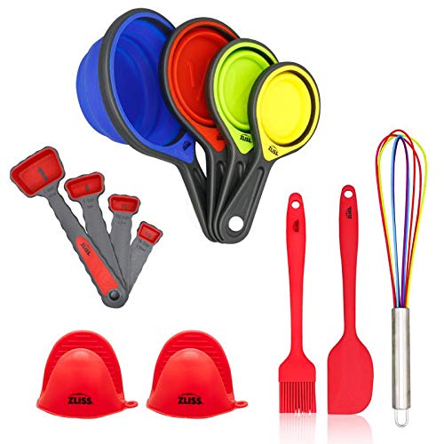 Measuring Cups and Spoons Set incl. Silicone Scraper, Silicone Whisk, Silicone Brush, Silicone Measuring Cups, Silicone Measuring Spoons & 2 Silicone Oven Mitts â€“ Set of 13 â€“ Red