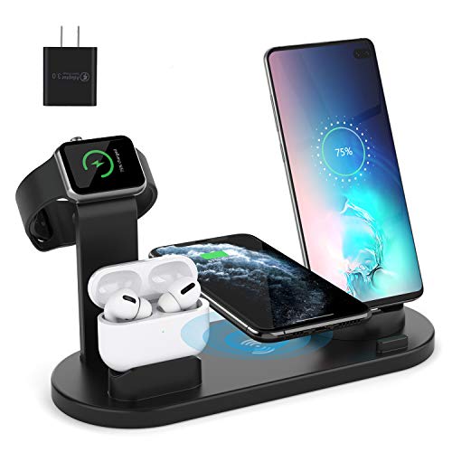 Book Cover Wireless Charger for Airpods Pro, Aufixy 4 in 1 Wireless Charging Station with Apple Watch Stand and QC 3.0 Adapter for iWatch 5/4/3/2/1, Airpods 3/2/1, iPhone 11/11 Pro Max/XR/XS Max/XS/X/8/8P Black