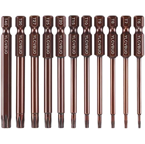 YLCVBUD 11 pcs 1/4 Inch Hex Shank Hex Head Allen Wrench Drill Bit Set T6-T40 3 Inch Length S2 Redness Treatment Steel Torx Security Head Screwdriver Drill Bit Set