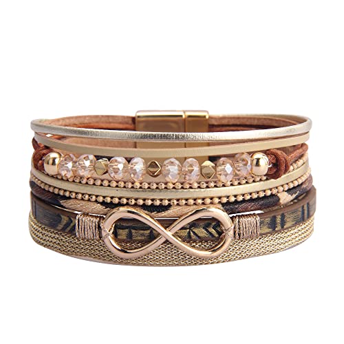 AZORA Leather Cuff Bracelet Multi Strands Beige Wrap Bangle with Pearl Boho Jewelry for Women Teen Girl Gift